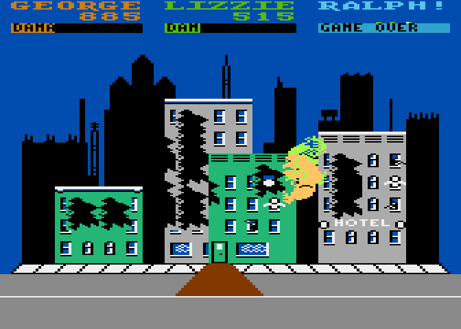 Rampage Atari 8-bit Screenshot: Building destruction in progress...