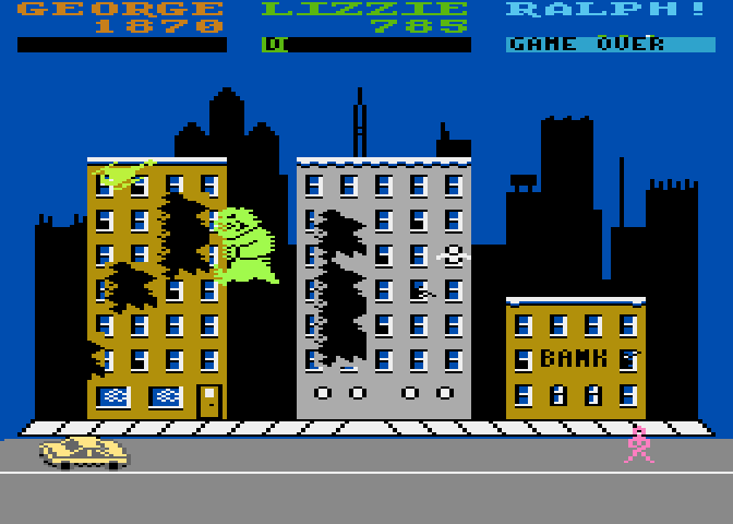 Rampage Atari 8-bit Screenshot: Watch out for helicopter attacks.