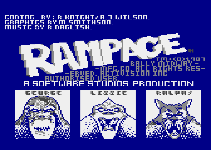 Rampage Atari 8-bit Screenshot: Title screen.