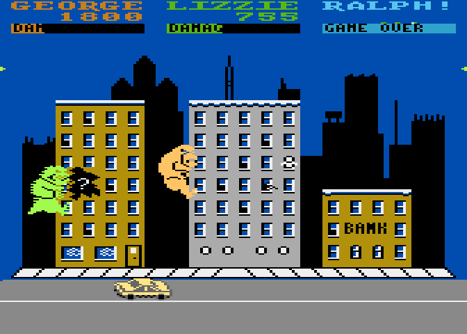 Rampage Atari 8-bit Screenshot: What happens if I eat the question mark? It's a mystery!