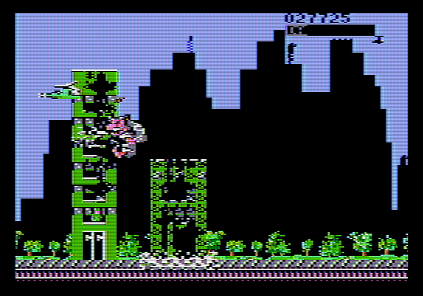 Rampage Apple II Screenshot: One building crumbles, leaving one to go...