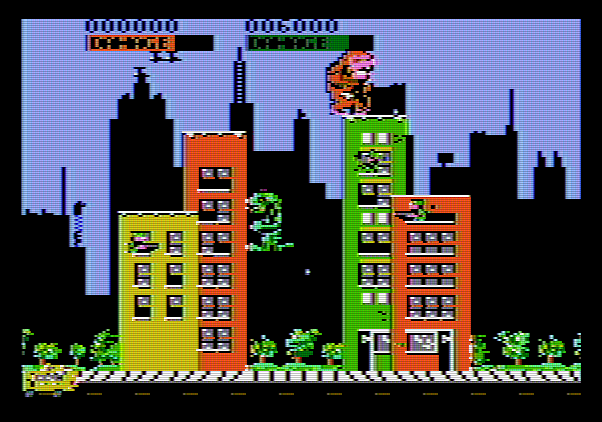 Rampage Apple II Screenshot: Time to destroy some buildings...