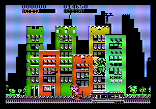 Rampage Apple II Screenshot: Destroy the trolley for bonus points!