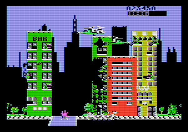 Rampage Apple II Screenshot: Oops, I fell in the water...that will drain my energy!