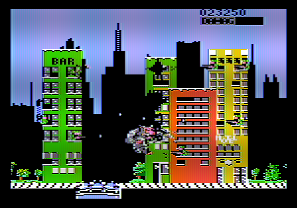 Rampage Apple II Screenshot: Munching on a building...