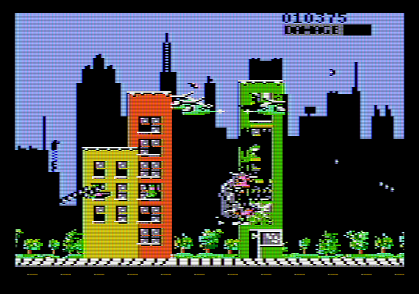 Rampage Apple II Screenshot: Watch out for helicopters!