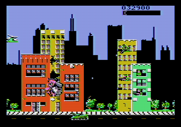 Rampage Apple II Screenshot: Hit by a tank and falling...