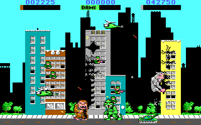 Rampage IBM PC/Compatibles Screenshot: Destroying some buildings...