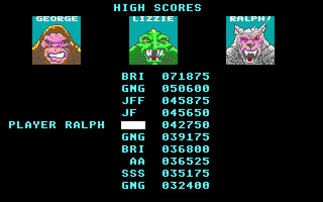 Rampage IBM PC/Compatibles Screenshot: Game over; but got a high score!