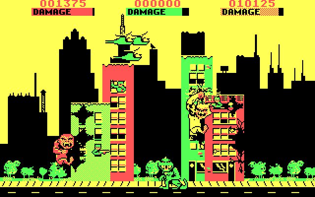 Rampage IBM PC/Compatibles Screenshot: Destroying some buildings...