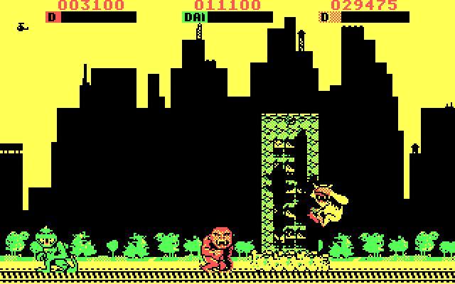 Rampage IBM PC/Compatibles Screenshot: Be sure to get off of buildings before they collapse.