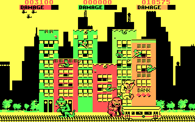 Rampage IBM PC/Compatibles Screenshot: Destroying buildings on the third city...