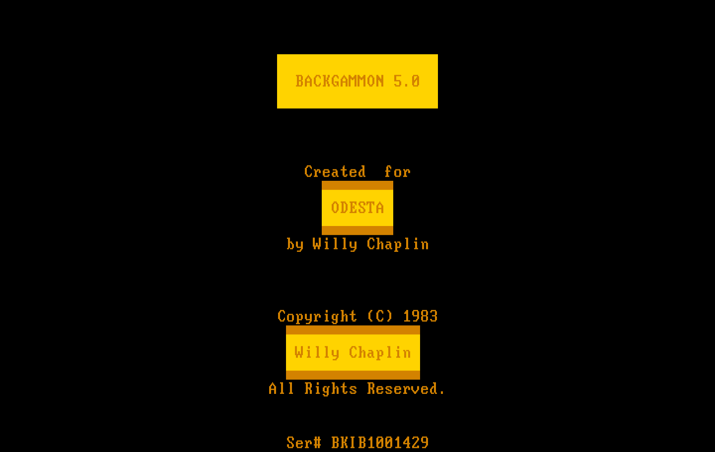 Backgammon Version 5.0 IBM PC/Compatibles Screenshot: Title screen.