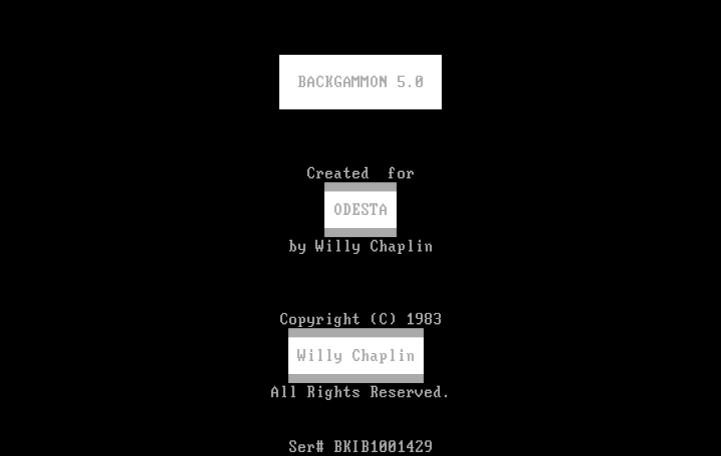 Backgammon Version 5.0 IBM PC/Compatibles Screenshot: Title screen.