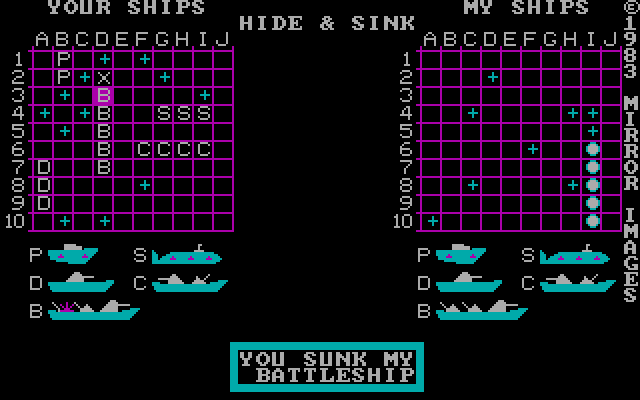 Hide & Sink IBM PC/Compatibles Screenshot: You sunk my battleship!