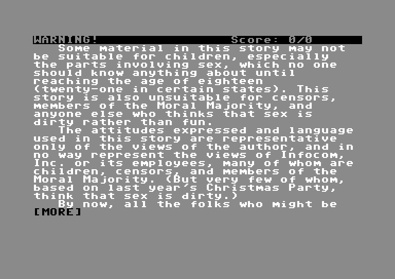 Leather Goddesses of Phobos Commodore 64 Screenshot: First, a disclaimer...