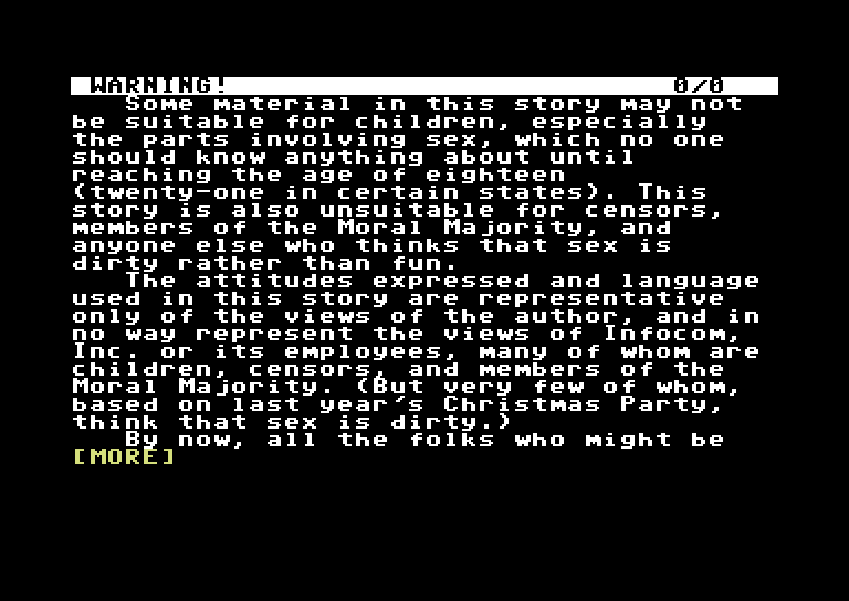 Leather Goddesses of Phobos Commodore 64 Screenshot: First, there's a disclaimer.