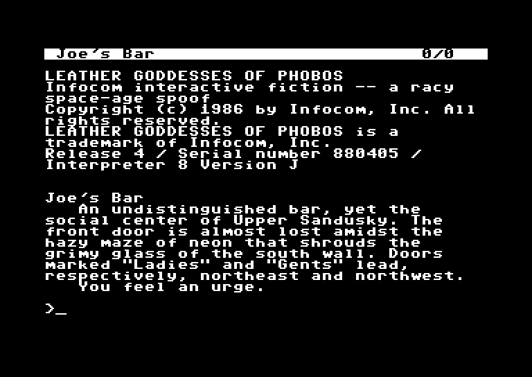 Leather Goddesses of Phobos Commodore 64 Screenshot: The game starts here.