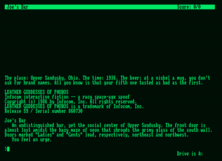 Leather Goddesses of Phobos Amstrad PCW Screenshot: The game begins.