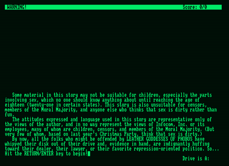 Leather Goddesses of Phobos Amstrad PCW Screenshot: Starting screen.