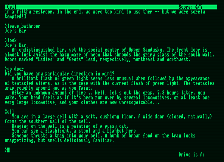 Leather Goddesses of Phobos Amstrad PCW Screenshot: I started out in a bar, but now I'm in a cell...