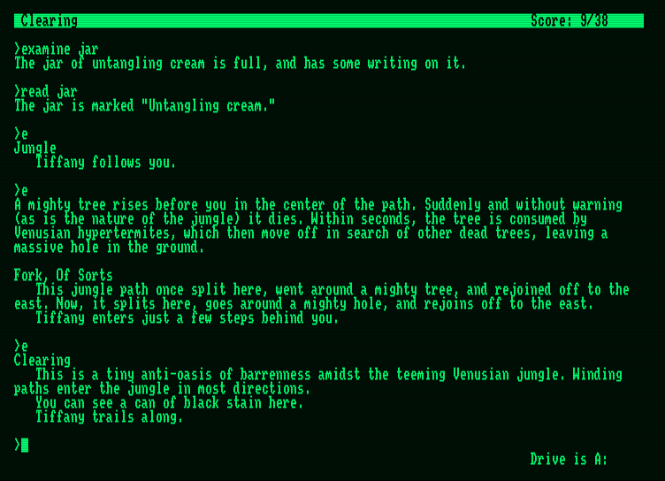 Leather Goddesses of Phobos Amstrad PCW Screenshot: My new friend Tiffany follows as I explore.