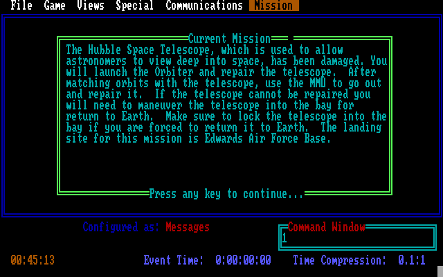Orbiter IBM PC/Compatibles Screenshot: The current mission objectives.