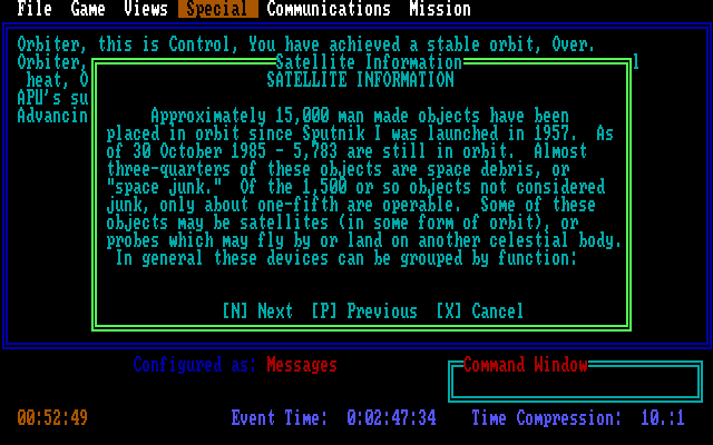 Orbiter IBM PC/Compatibles Screenshot: Satellite information.
