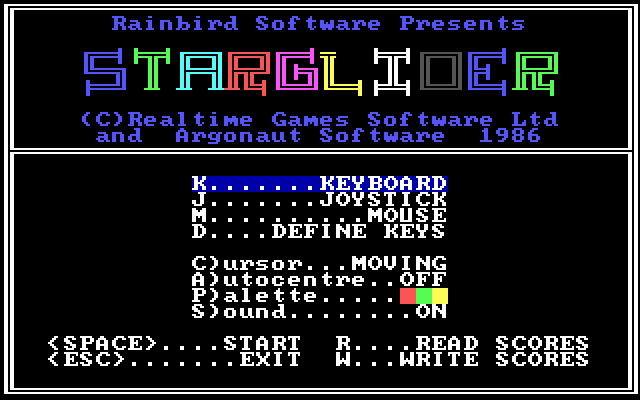 Starglider IBM PC/Compatibles Screenshot: Game options.
