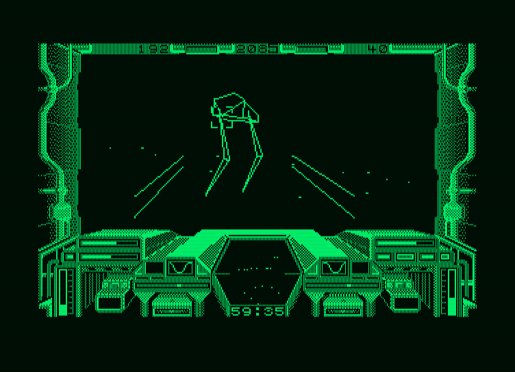 Starglider Amstrad PCW Screenshot: Shooting at another walker...