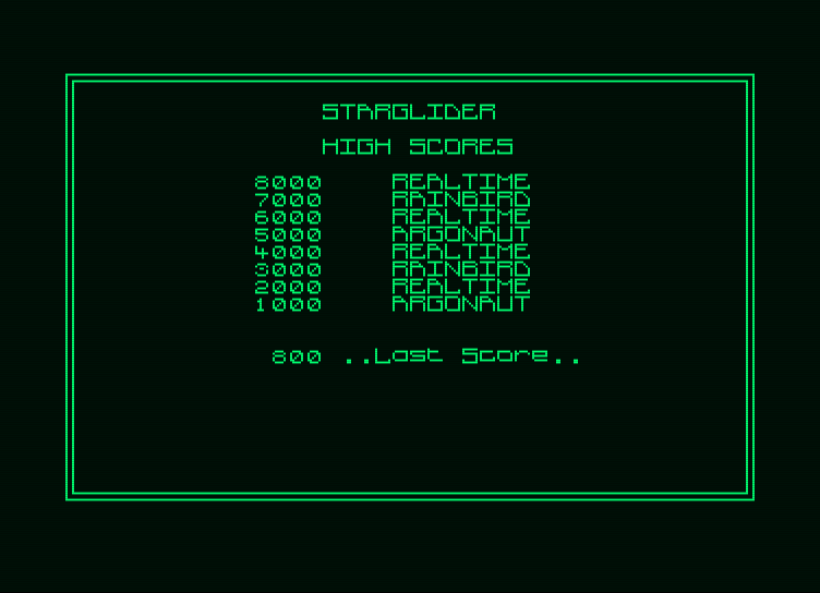 Starglider Amstrad PCW Screenshot: High scores.