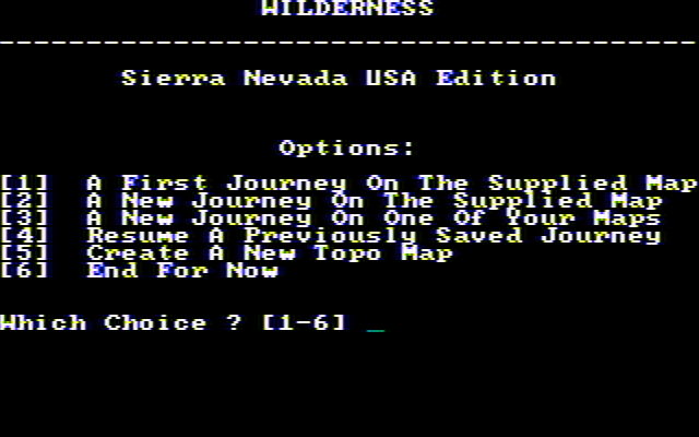 Wilderness: A Survival Adventure IBM PC/Compatibles Screenshot: Title screen and main menu.