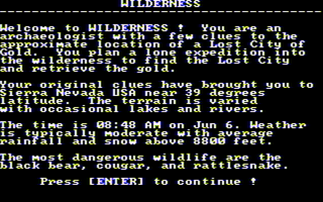 Wilderness: A Survival Adventure IBM PC/Compatibles Screenshot: Welcome to Wilderness!