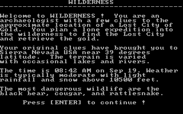 Wilderness: A Survival Adventure IBM PC/Compatibles Screenshot: Welcome to Wilderness!