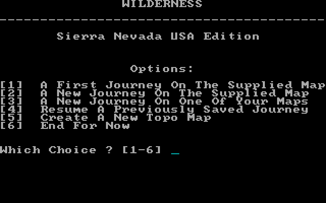 Wilderness: A Survival Adventure IBM PC/Compatibles Screenshot: Title screen and main menu.