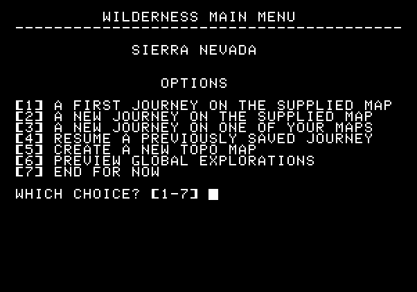 Wilderness: A Survival Adventure Apple II Screenshot: The main menu.