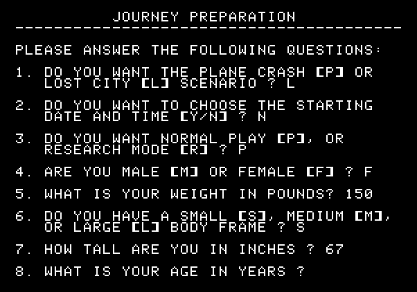 Wilderness: A Survival Adventure Apple II Screenshot: Journey preparation.