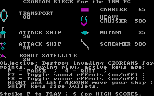 Czorian Siege IBM PC/Compatibles Screenshot: Help screen.