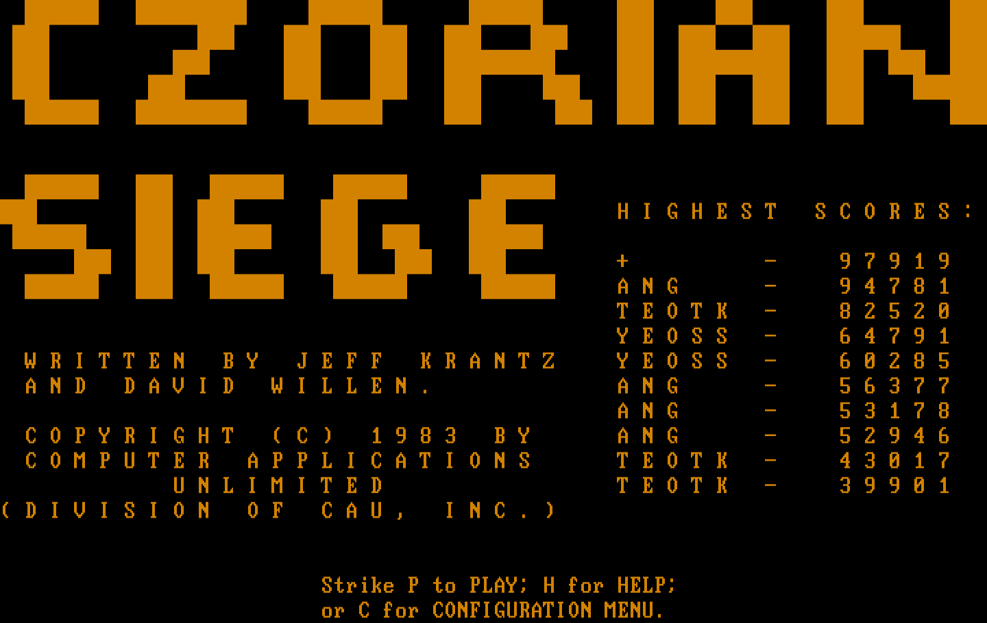 Czorian Siege IBM PC/Compatibles Screenshot: Title screen and main menu.