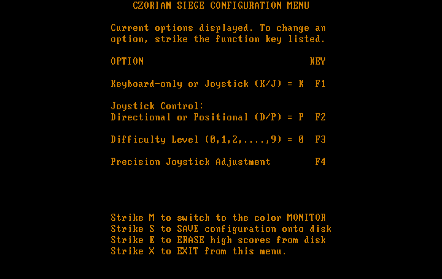 Czorian Siege IBM PC/Compatibles Screenshot: Configuration screen.