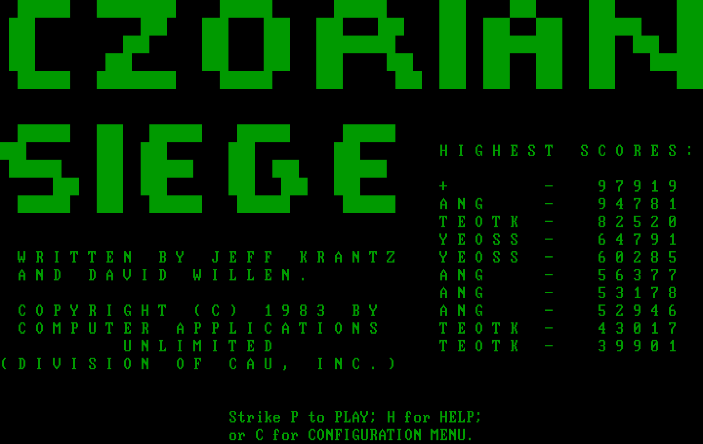 Czorian Siege IBM PC/Compatibles Screenshot: Title screen and main menu.