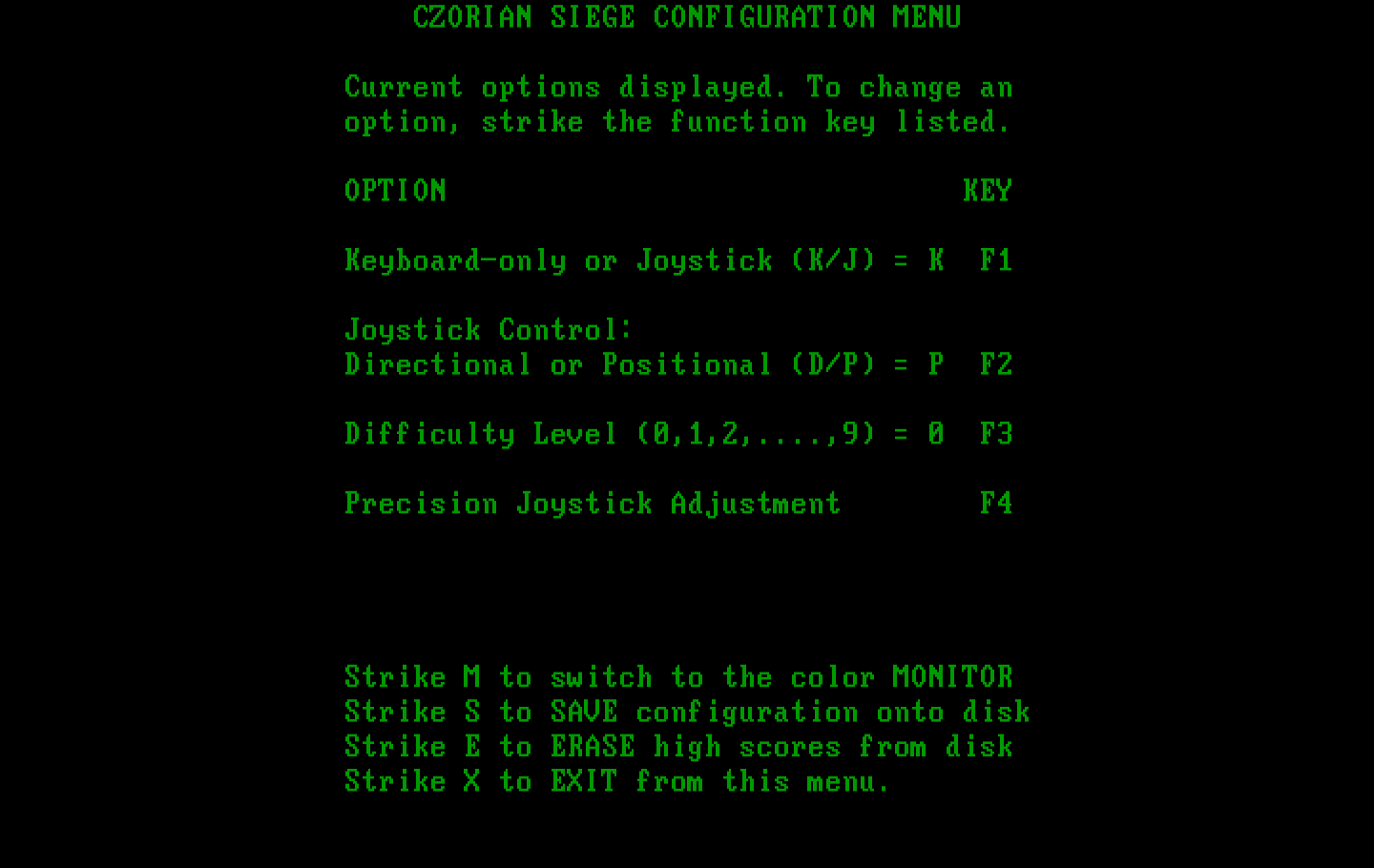 Czorian Siege IBM PC/Compatibles Screenshot: Configuration screen.