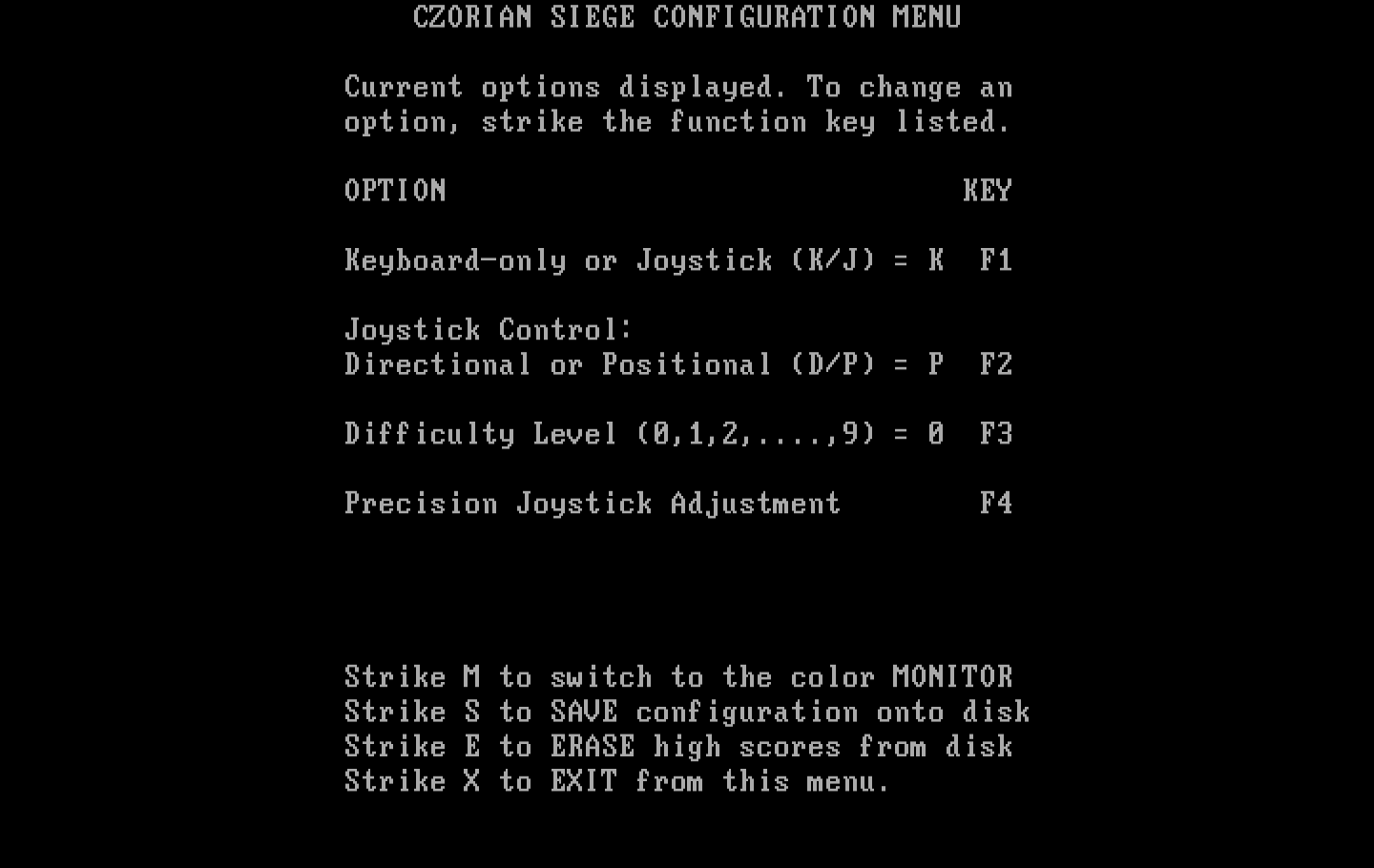 Czorian Siege IBM PC/Compatibles Screenshot: Configuration screen.