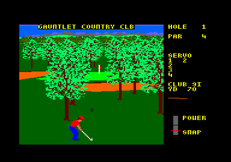 World Class Leader Board Amstrad CPC Screenshot: A shot through the trees to reach the green...