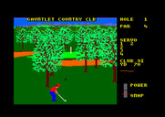 World Class Leader Board for Amstrad CPC - A shot through the trees to reach the green...