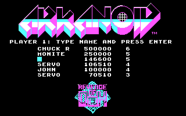 Arkanoid 2: Revenge of DOH IBM PC/Compatibles Screenshot: The high score screen.