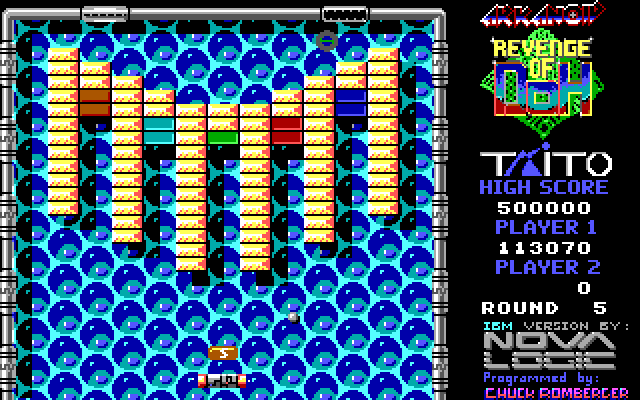 Arkanoid 2: Revenge of DOH IBM PC/Compatibles Screenshot: Catch the "S" capsule to slow down the speed of the ball.