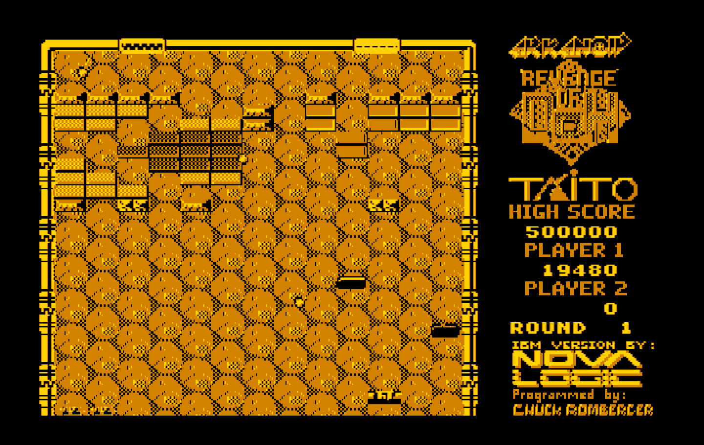 Arkanoid 2: Revenge of DOH IBM PC/Compatibles Screenshot: Lot's of bricks destroyed so far...a few more to go.