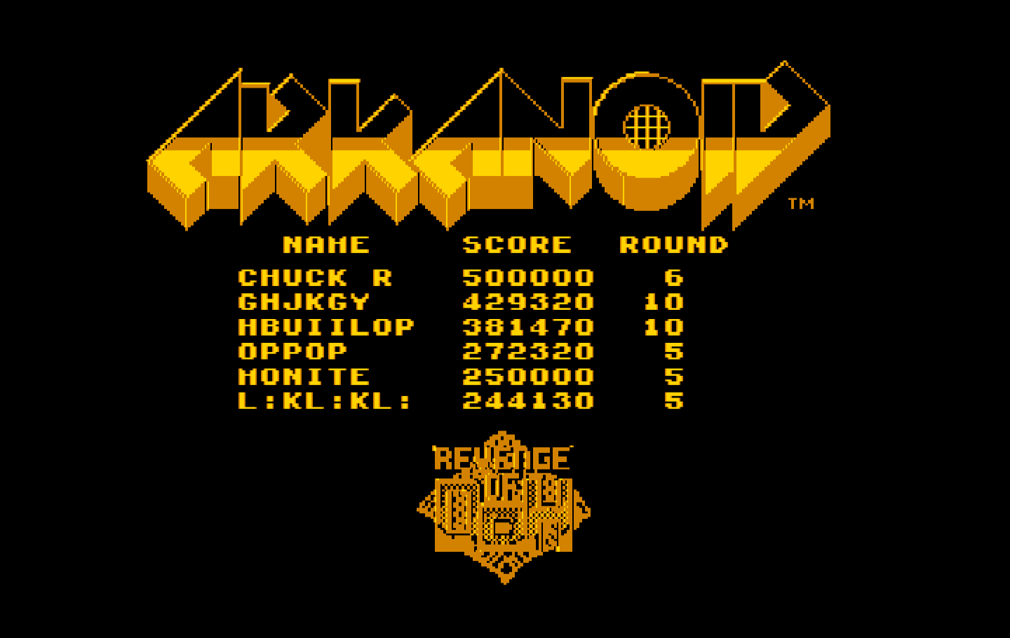 Arkanoid 2: Revenge of DOH IBM PC/Compatibles Screenshot: The high score table.