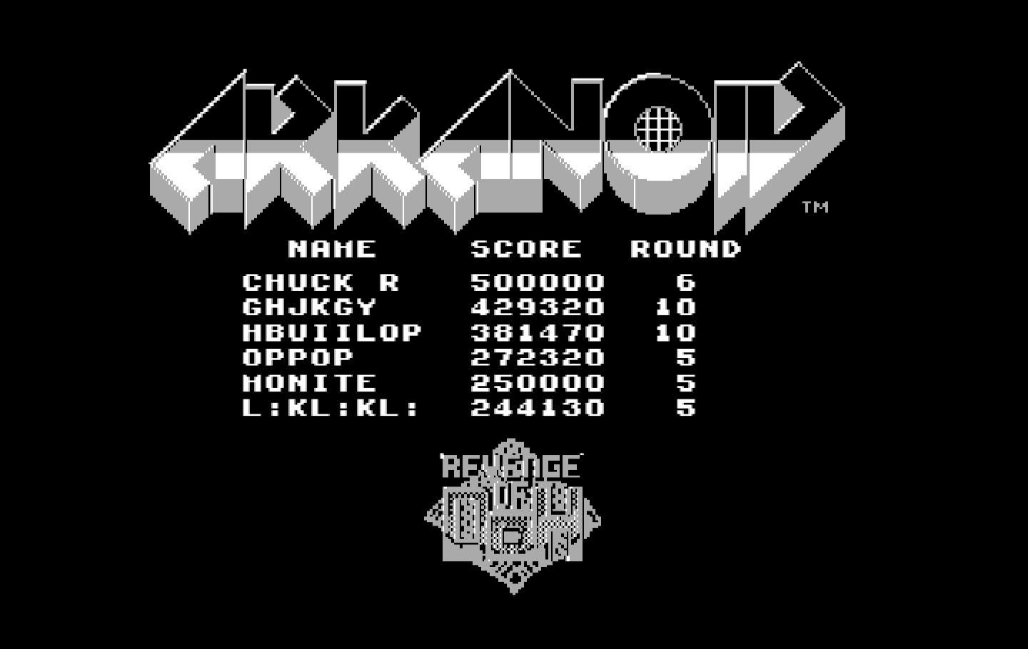 Arkanoid 2: Revenge of DOH IBM PC/Compatibles Screenshot: The high score table.